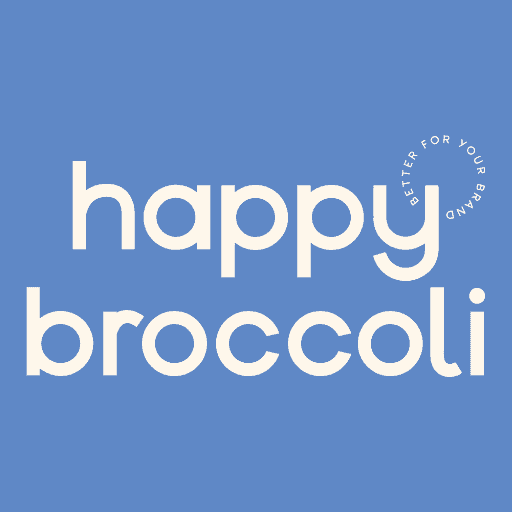 Blue square with white letters spelling out happy broccoli in the center.